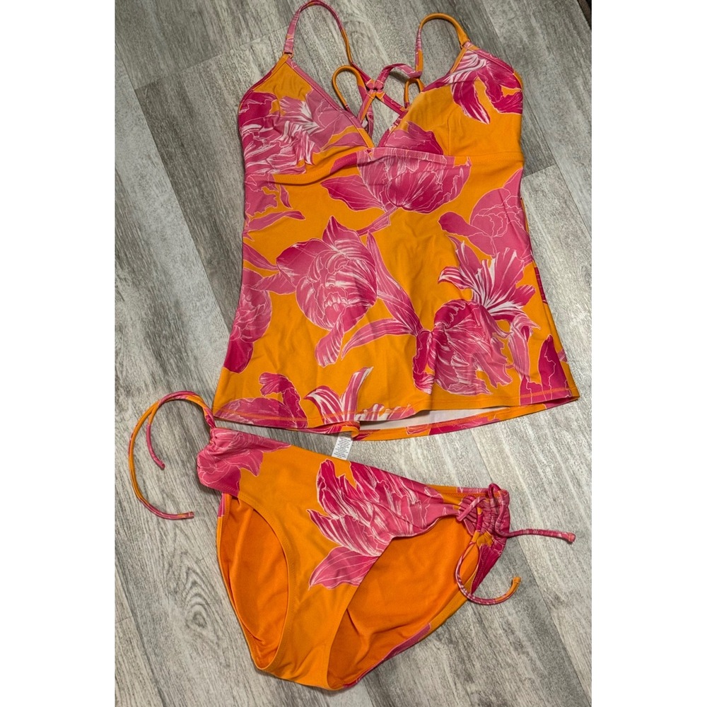 Athleta Womens Orange Pink Floral Tankini Swimsuit Set Side Tie Bikini Medium
